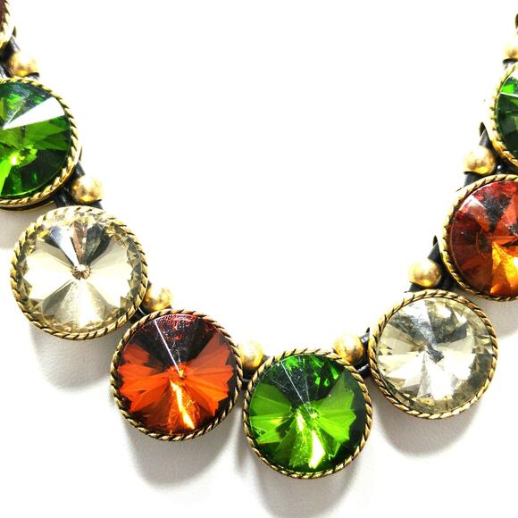 Vintage Rivoli Rhinestone Leather Necklace, Large Orange Green Clear Rhinestones - Picture 3 of 10